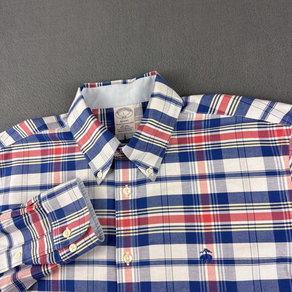 Brooks Brothers Shirt Men's L Blue Red Plaid Regent Non-Iron Button Down Oxford
